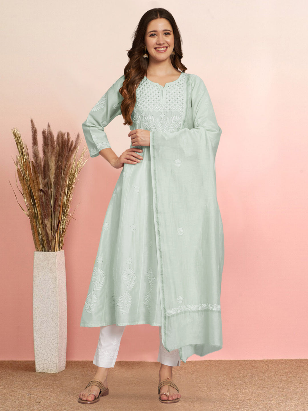 Hand embroidered Chikankari Chanderi Cotton Kurta Set and Dupatta with Mukaish AL3665KS