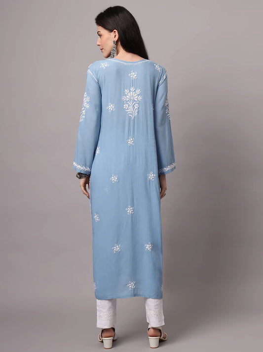 Women Hand Embroidered Chikankari Modal Kurta-AL4059 Denim