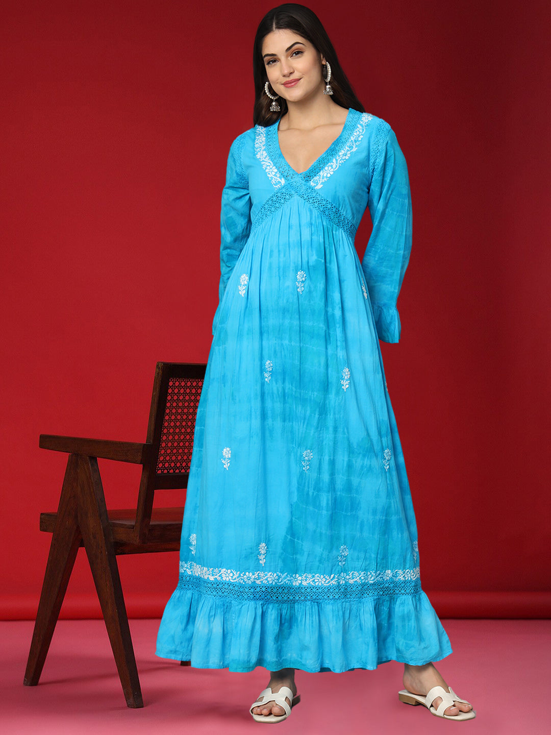 Women Chikankari Hand Embroidered Cotton Jalabiya in Tie-Dye shades-AL2160 Blue