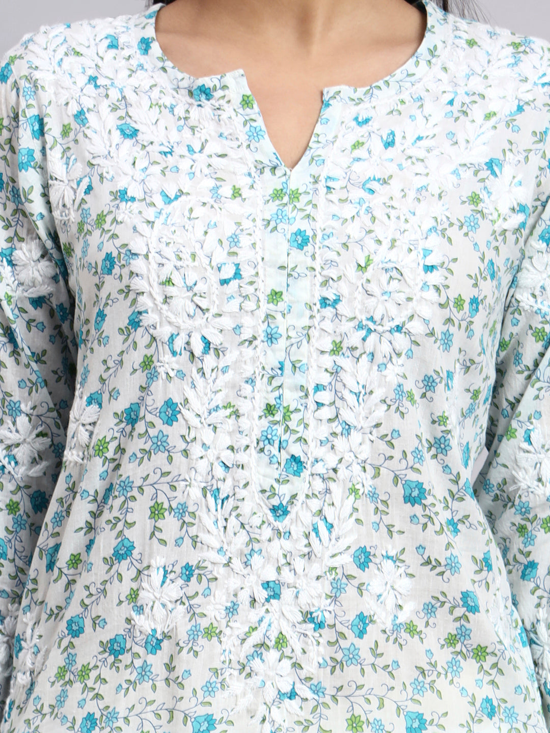 Hand Embroidered Chikankari Cotton Kurta-AL4105 Blue