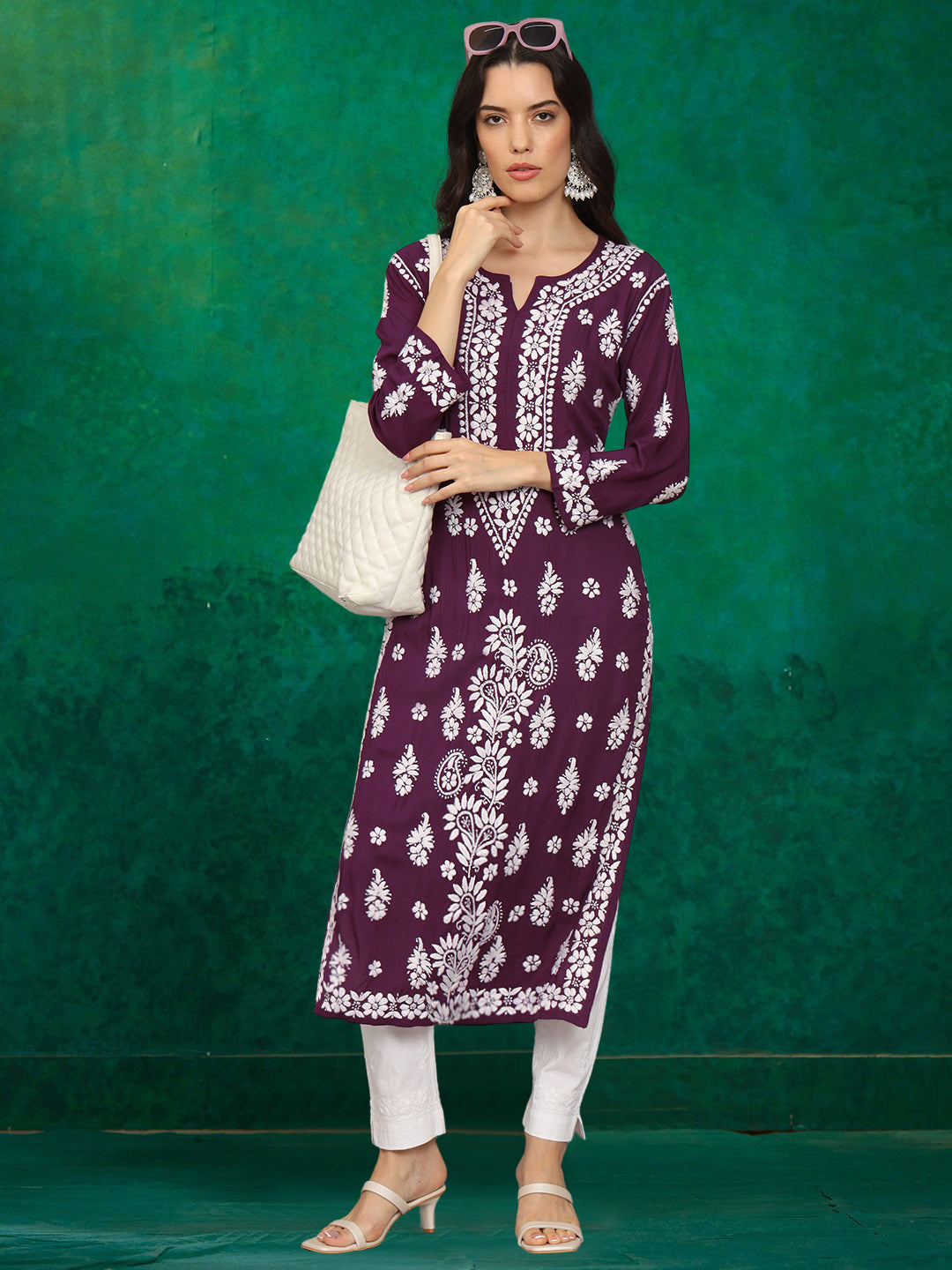 Women Chikankari Hand Embroidered Modal Kurta -AL4042 Purple