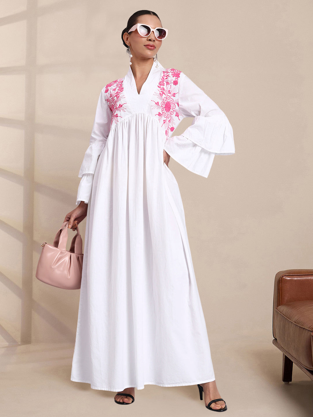 Women Embroided Cotton Jalabiya-AL3697B Pink