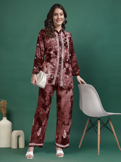 Women Hand Embroidered Chikankari Rayon Co-ord Set-AL4093KS Brown