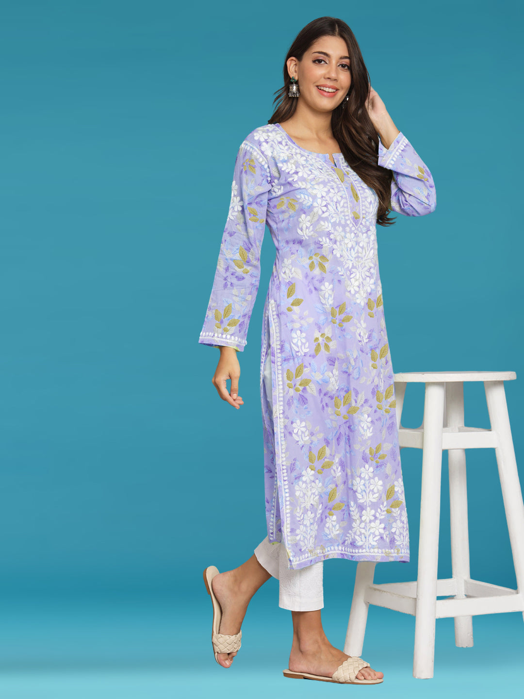 Hand Embroidered Chikan Printed Mulmul Cotton Straight Kurta-AL3680