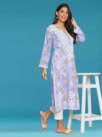 Hand Embroidered Chikan Printed Mulmul Cotton Straight Kurta-AL3680