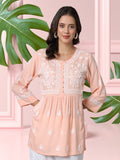 Women Hand Embroidered Chikankari Rayon Kurti with Pockets-AL3696 Peach