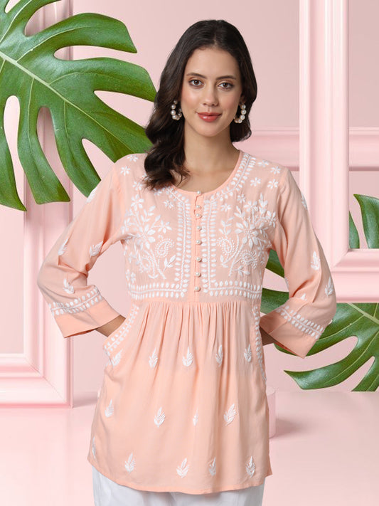 Women Hand Embroidered Chikankari Rayon Kurti with Pockets-AL3696 Peach