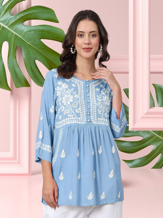 Women Hand Embroidered Chikankari Rayon Kurti with Pockets-AL3696 Blue
