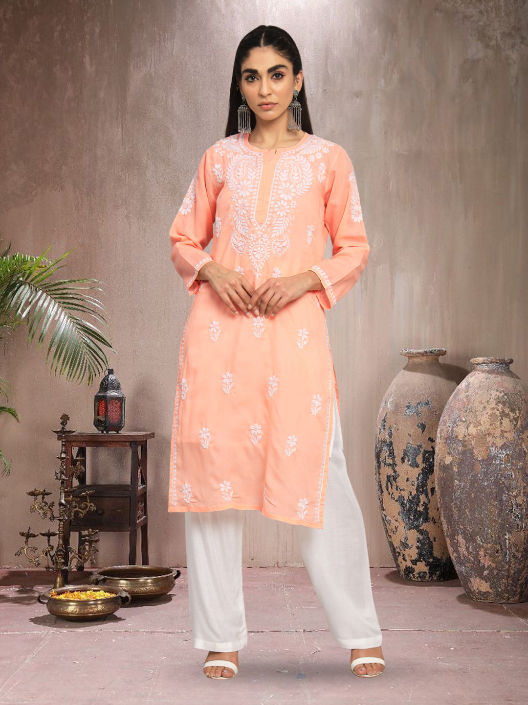 Hand Embroidered  Chikankari Cotton Straight Kurta- AL3561 Peach