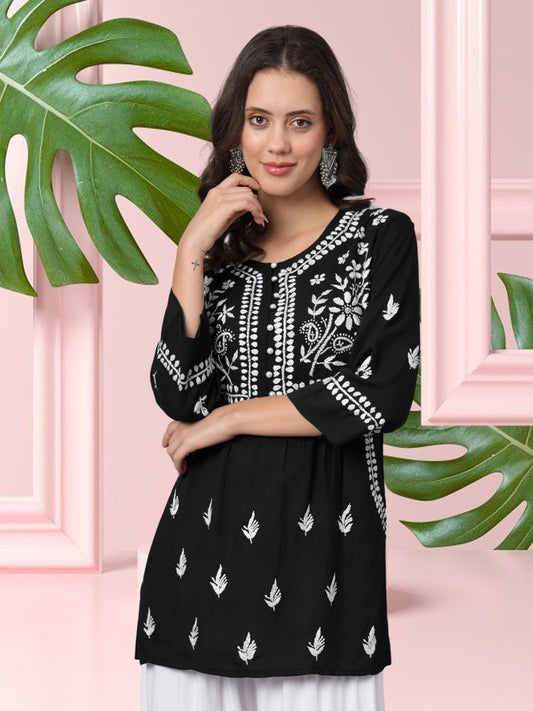 Women Hand Embroidered Chikankari Rayon Kurti with Pockets-AL3696 Black