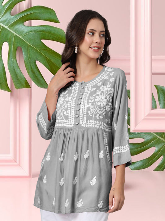 Women Hand Embroidered Chikankari Rayon Kurti with Pockets-AL3696 Grey