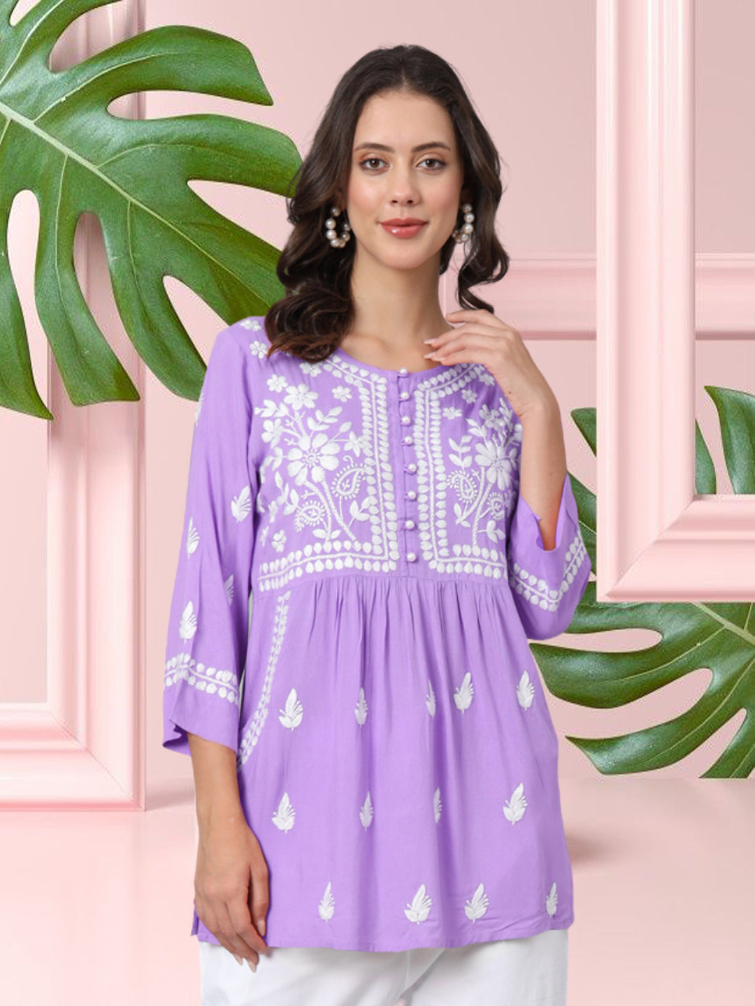 Women Hand Embroidered Chikankari Rayon Short Kurti-AL3696 Mauve