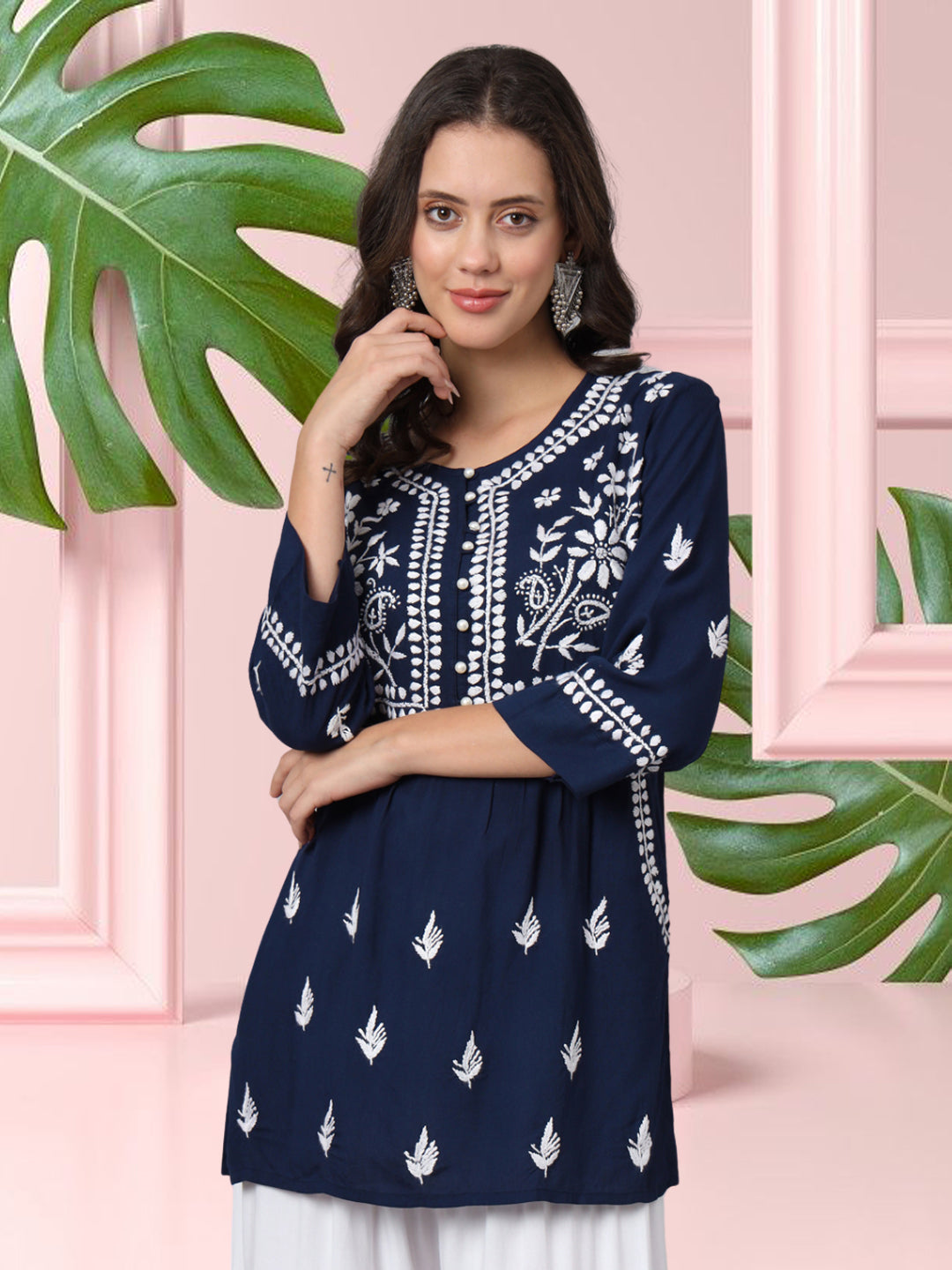 Women Hand Embroidered Chikankari Rayon Kurti-AL3696 Navy