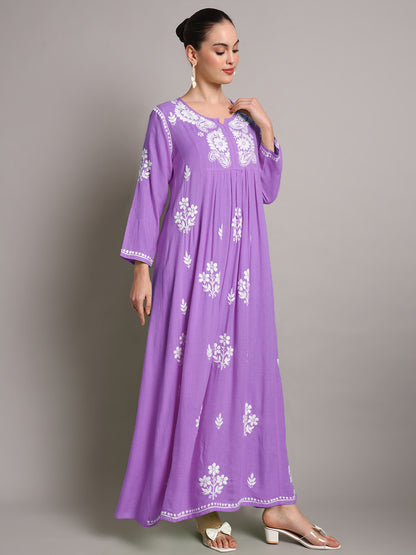 Hand Embroidered Chikankari A-Line Gathering Pattern Rayon Jalabiya-AL4012