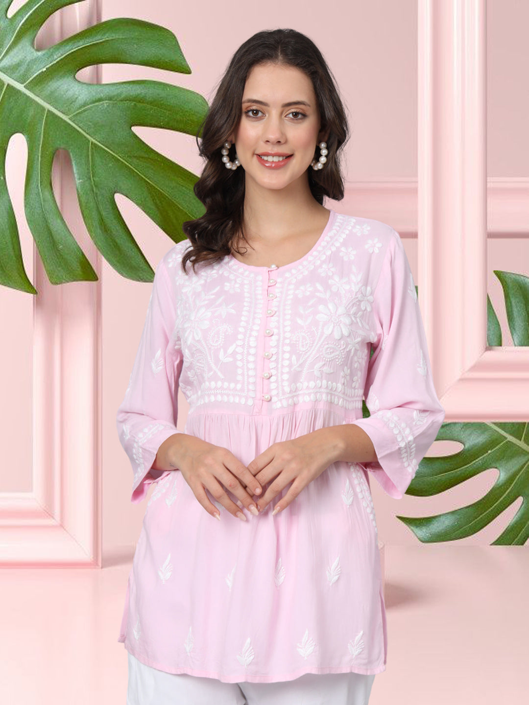 Women Hand Embroidered Chikankari Rayon Kurti-AL3696 Pink