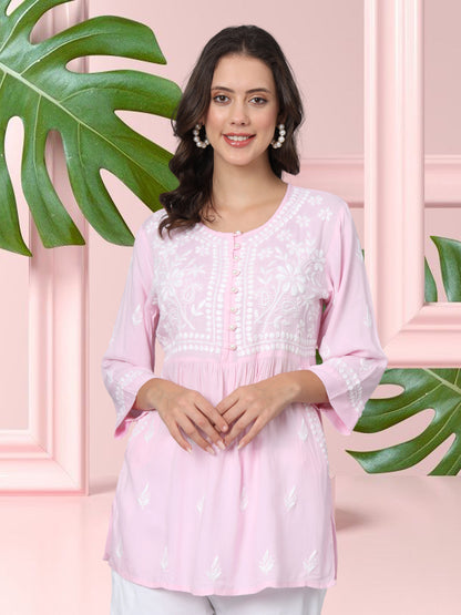 Women Hand Embroidered Chikankari Rayon Kurti-AL3696