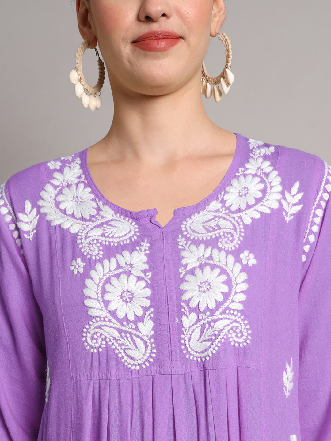 Hand Embroidered Chikankari A-Line Gathering Pattern Rayon Jalabiya-AL4012 Purple