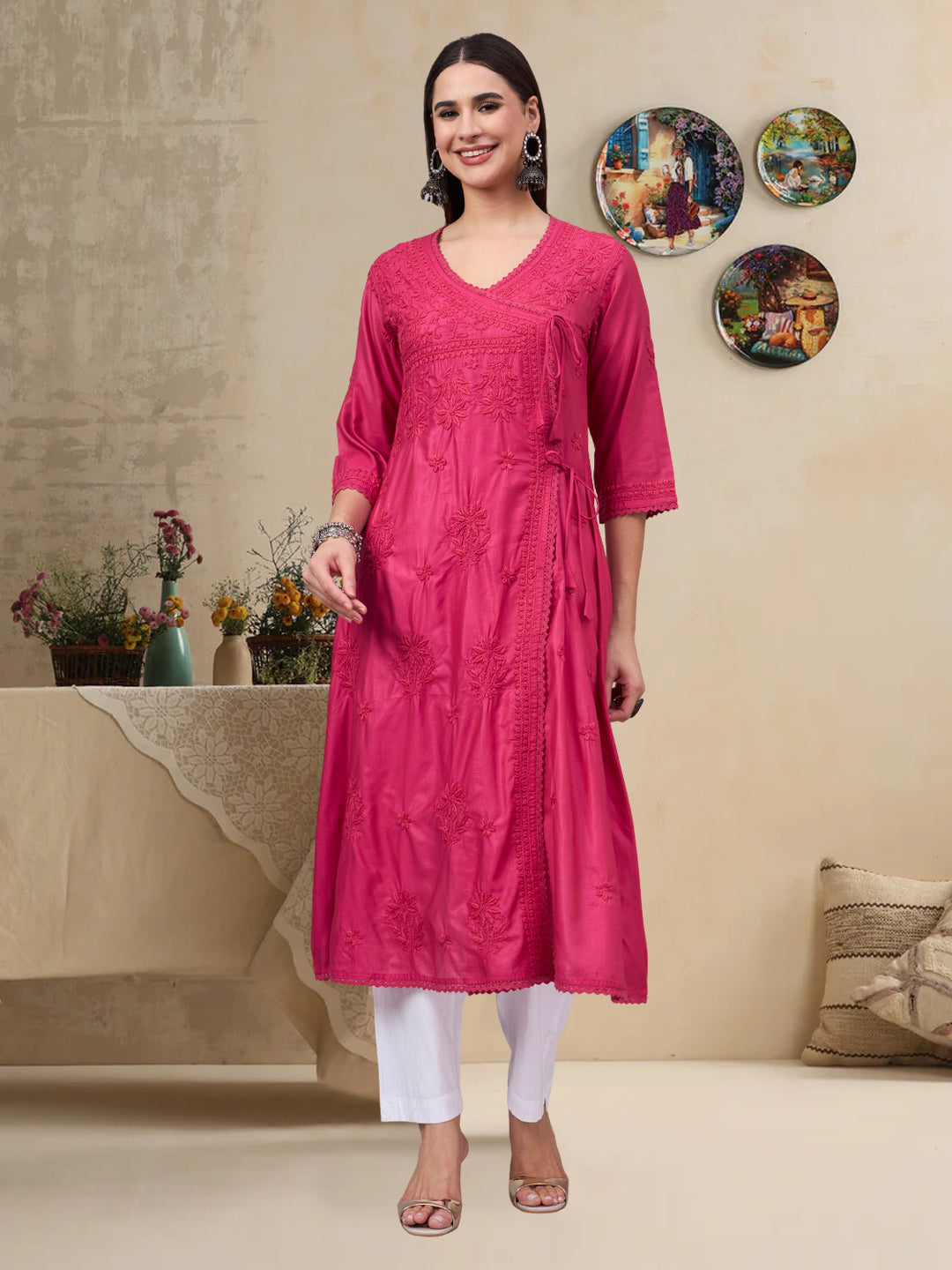 Women chikankari hand Embroidered Chanderi Angrakha kurta-AL3667 Magenta
