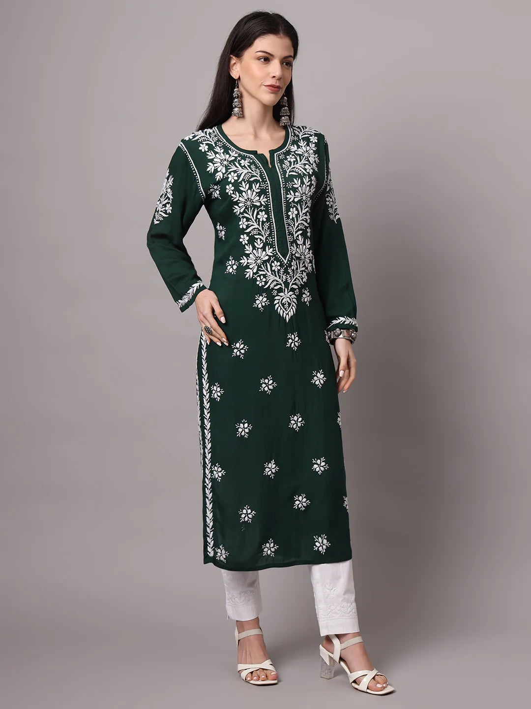 Women Hand Embroidered Modal Chikankari Kurta-AL4059 Darkgreen
