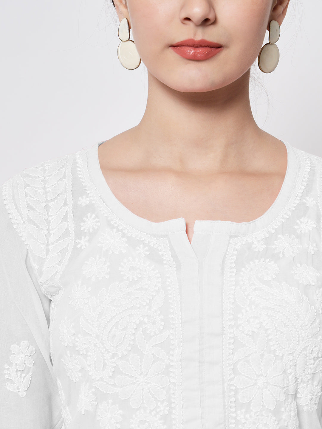 Hand Embroidered Chikankari Cotton Straight Kurti-AL3595 White