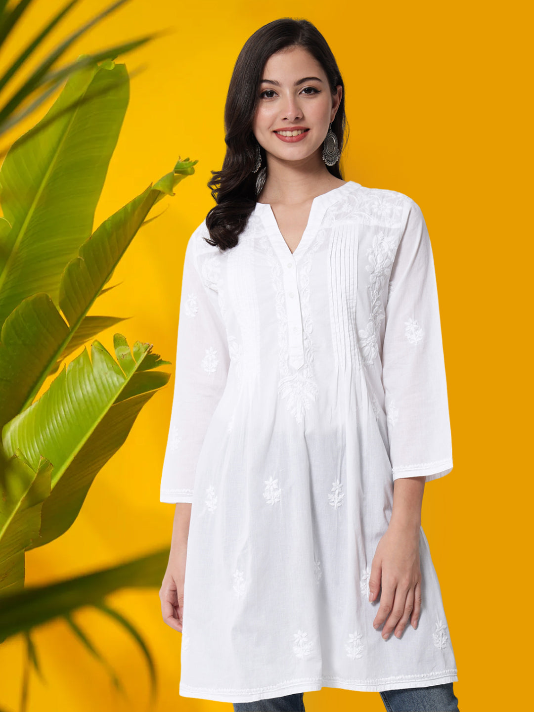 Hand Embroidered Chikankari Cotton A-Line Tunic-AL1958L White