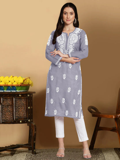 Hand Embroidered  Chikankari Cotton Straight Kurta- AL3561 Grey
