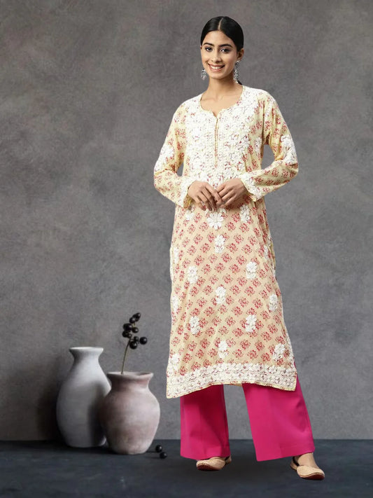 Women Hand Embroidered Chikankari Cotton Kurta-AL3649 Yellow