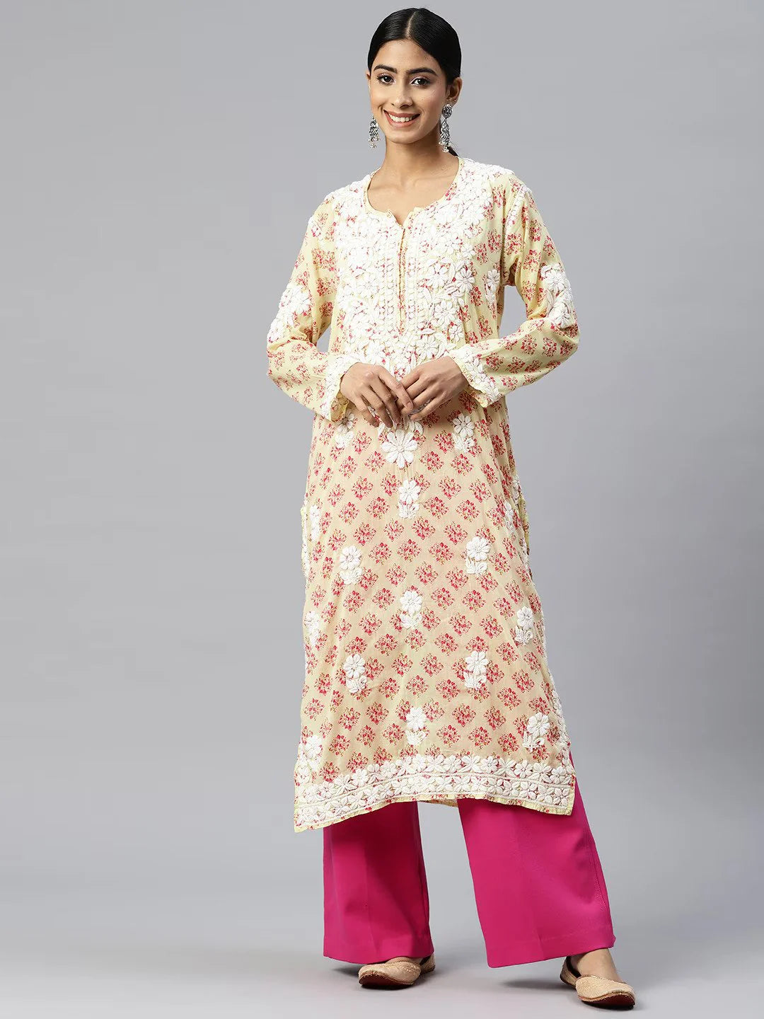 Women Hand Embroidered Chikankari Cotton Kurta-AL3649 Yellow