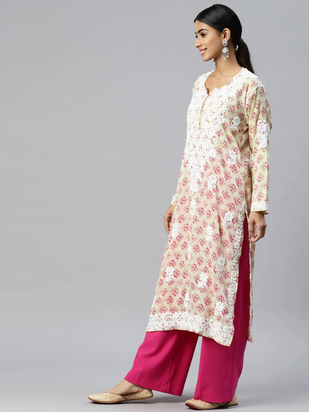 Women Hand Embroidered Chikankari Cotton Kurta-AL3649 Yellow