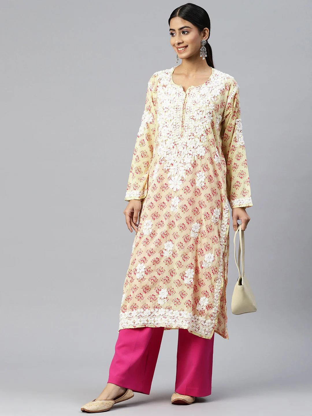 Women Hand Embroidered Chikankari Cotton Kurta-AL3649 Yellow