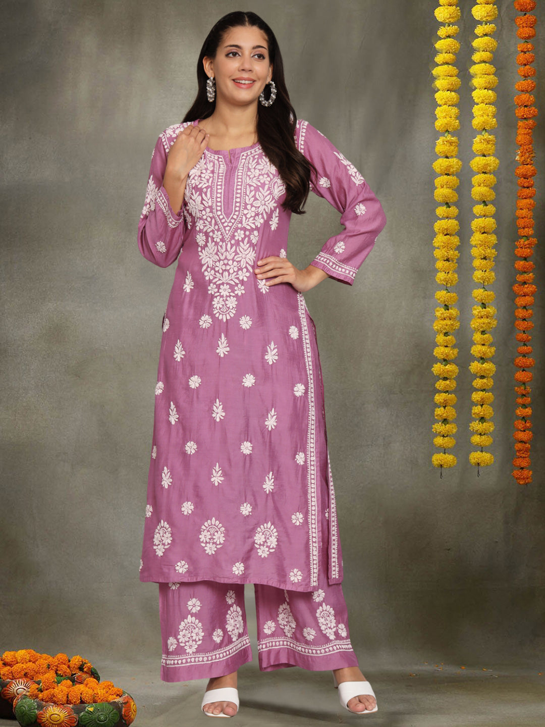 Hand Embroidered Chikan Chanderi Straight Kurta Palazzos-AL3671KS