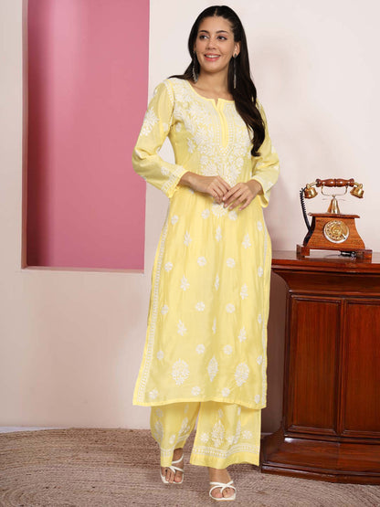 Hand Embroidered Chikan Chanderi Straight Kurta Palazzos-AL3671KS