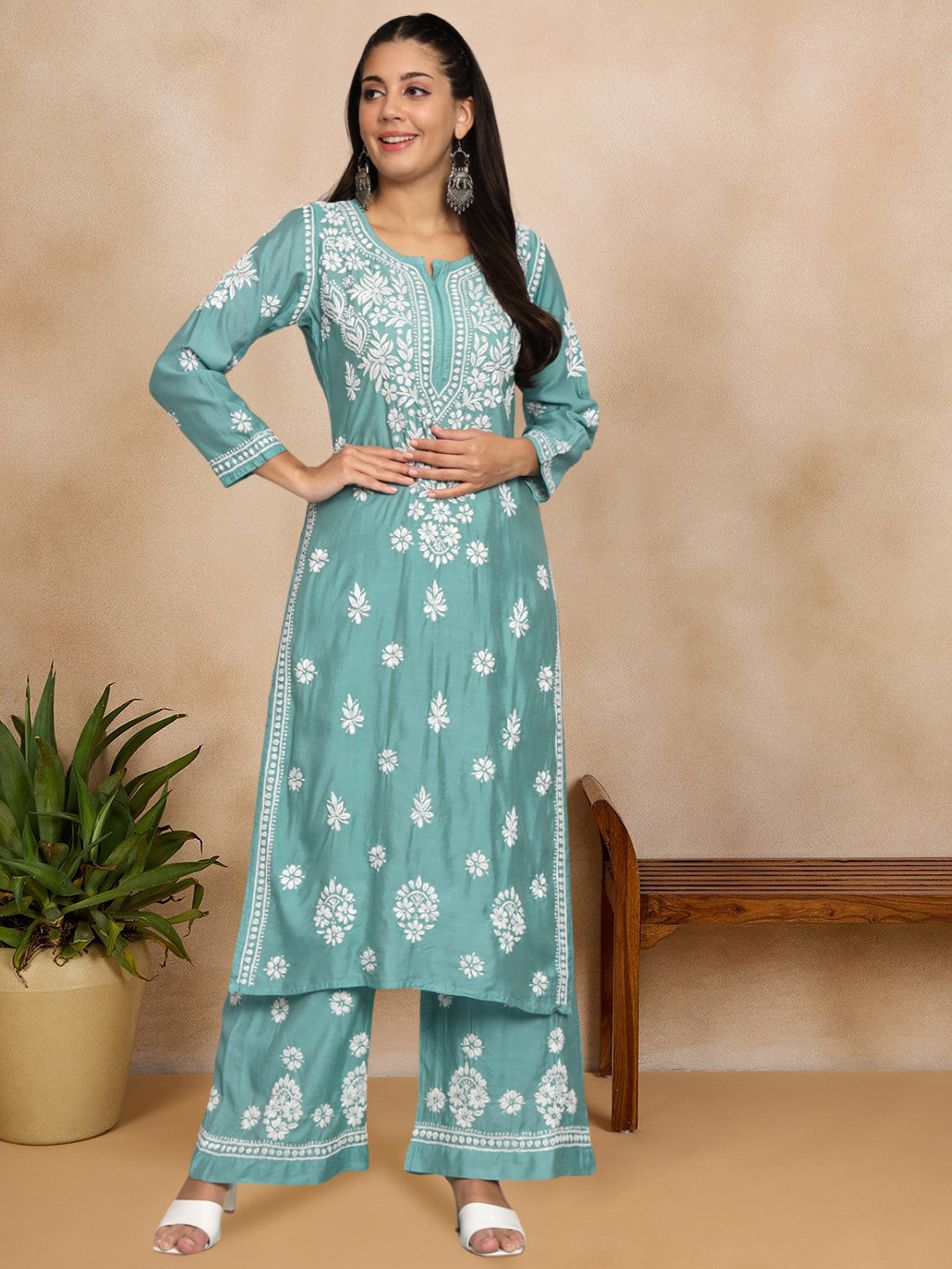 Hand Embroidered Chikan Chanderi Straight Kurta Palazzos-AL3671KS
