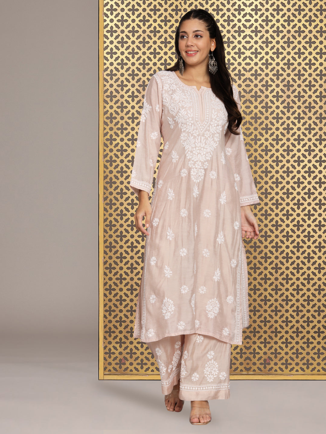 Hand Embroidered Chikan Chanderi Straight Kurta Palazzos-AL3671KS