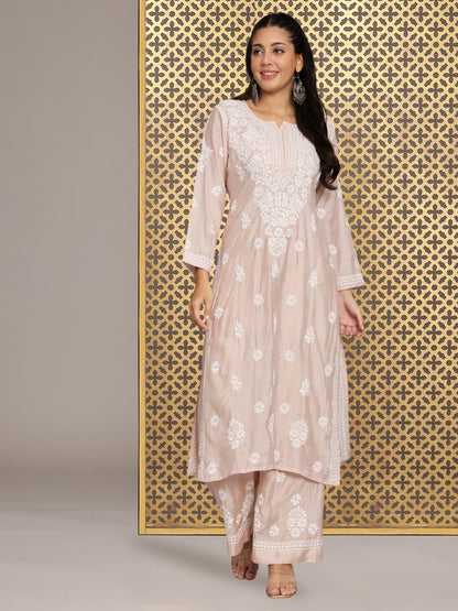 Hand Embroidered Chikan Chanderi Straight Kurta Palazzos-AL3671KS