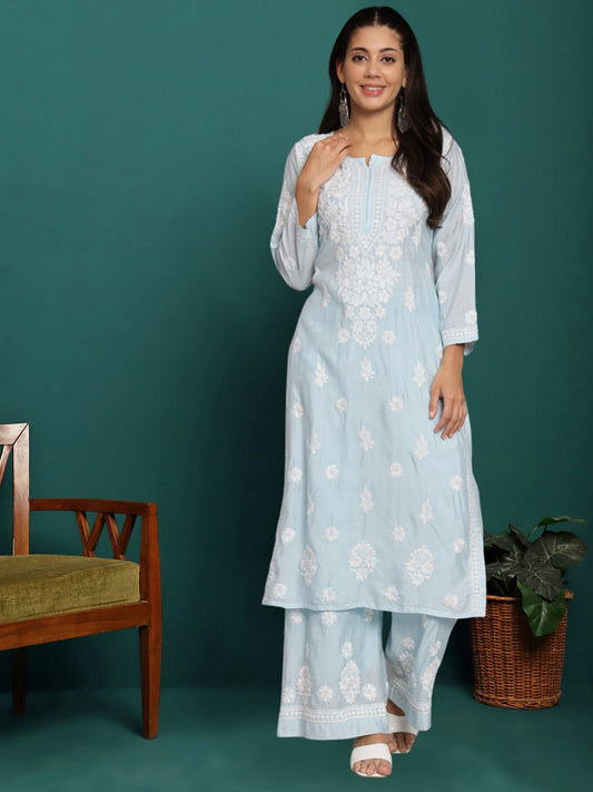 Hand Embroidered Chikan Chanderi Straight Kurta Palazzos-AL3671KS