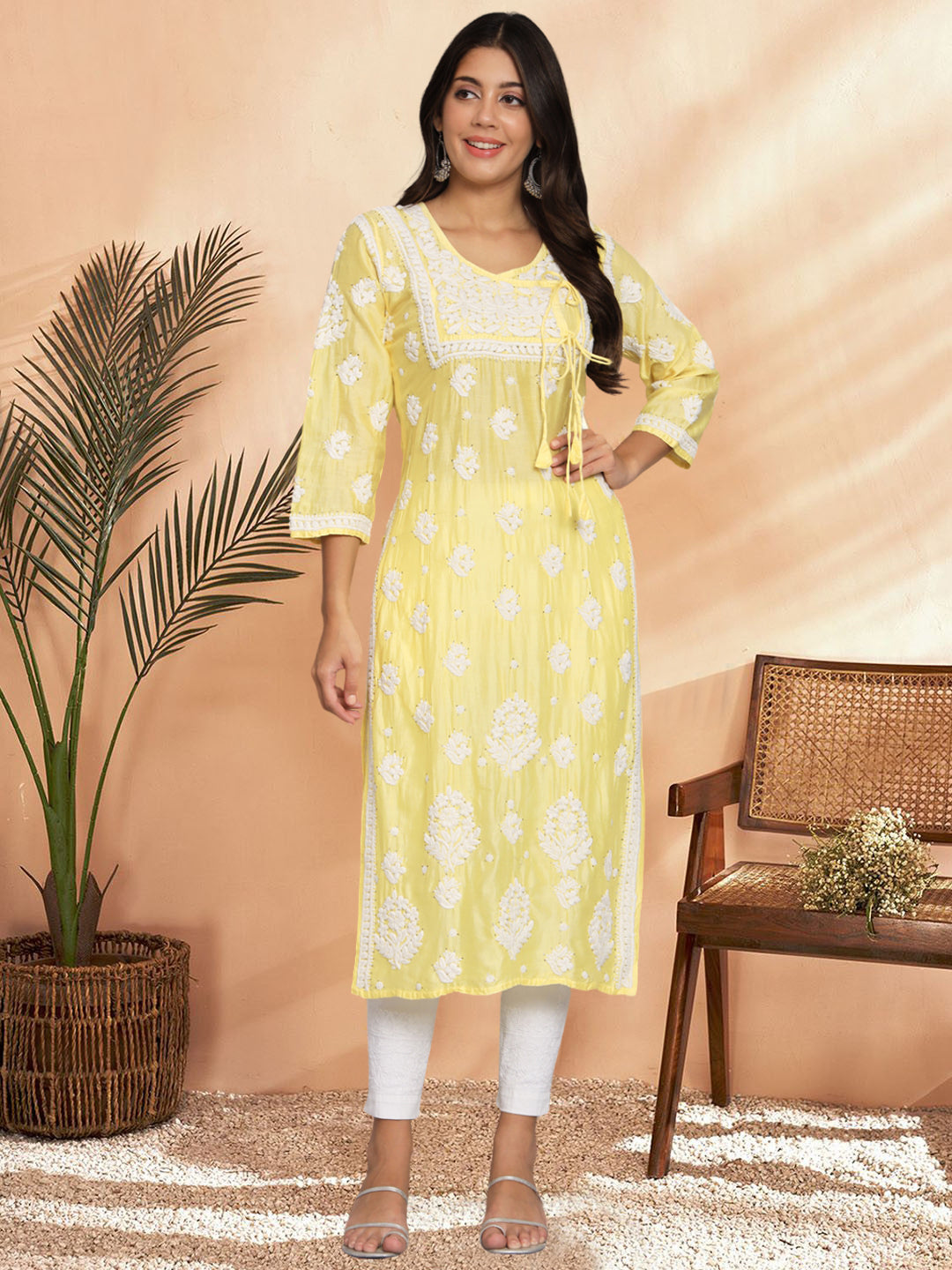 Hand Embroidered Chikankari Chanderi Angarkha Kurta With Mukaish Work-AL3672 Yellow