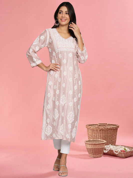 Hand Embroidered Chikankari Chanderi Angarkha Kurta With Mukaish Work-AL3672