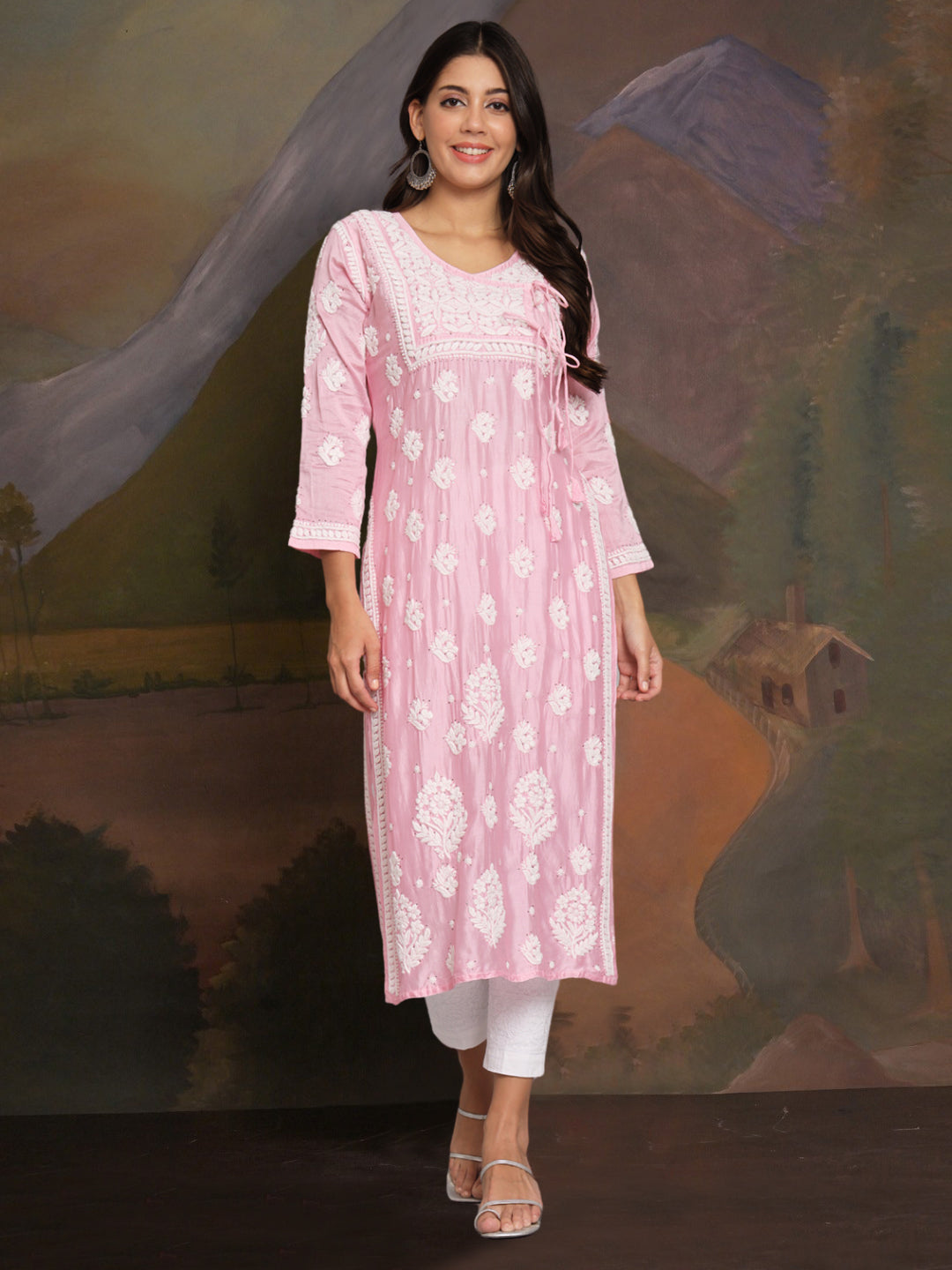 Hand Embroidered Chikankari Chanderi Angarkha Kurta With Mukaish Work-AL3672 Pink