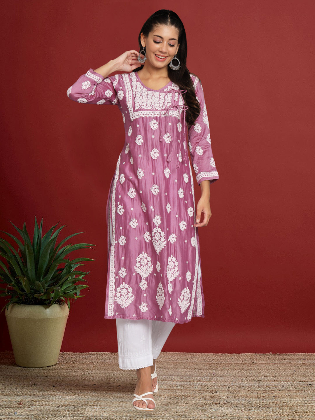 Hand Embroidered Chikankari Chanderi Angarkha Kurta With Mukaish Work-AL3672 Mauve