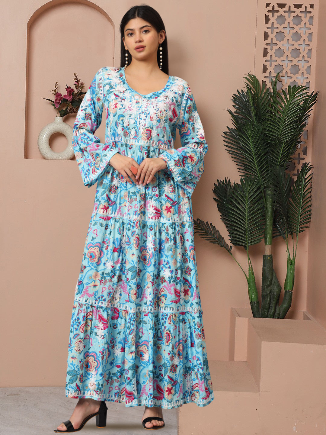Hand Embroidered Chikankari A-Line Gathering Pattern Mulmul Cotton Jalabiya-AL3673 Blue & Pink