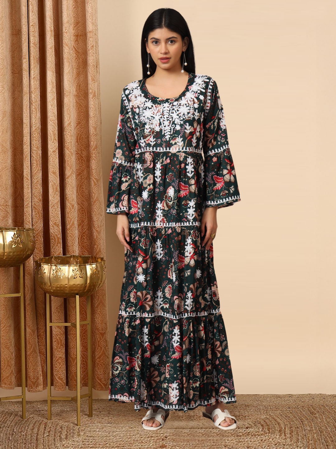 Hand Embroidered Chikankari A-Line Gathering Pattern Mulmul Cotton Jalabiya-AL3673 Green & Beige