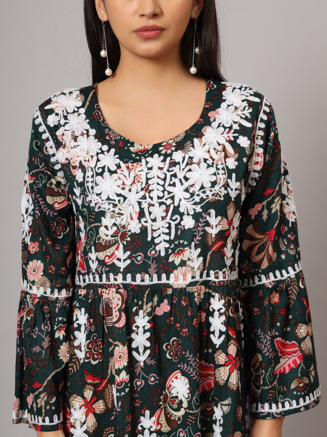 Hand Embroidered Chikankari A-Line Gathering Pattern Mulmul Cotton Jalabiya-AL3673 Green & Beige