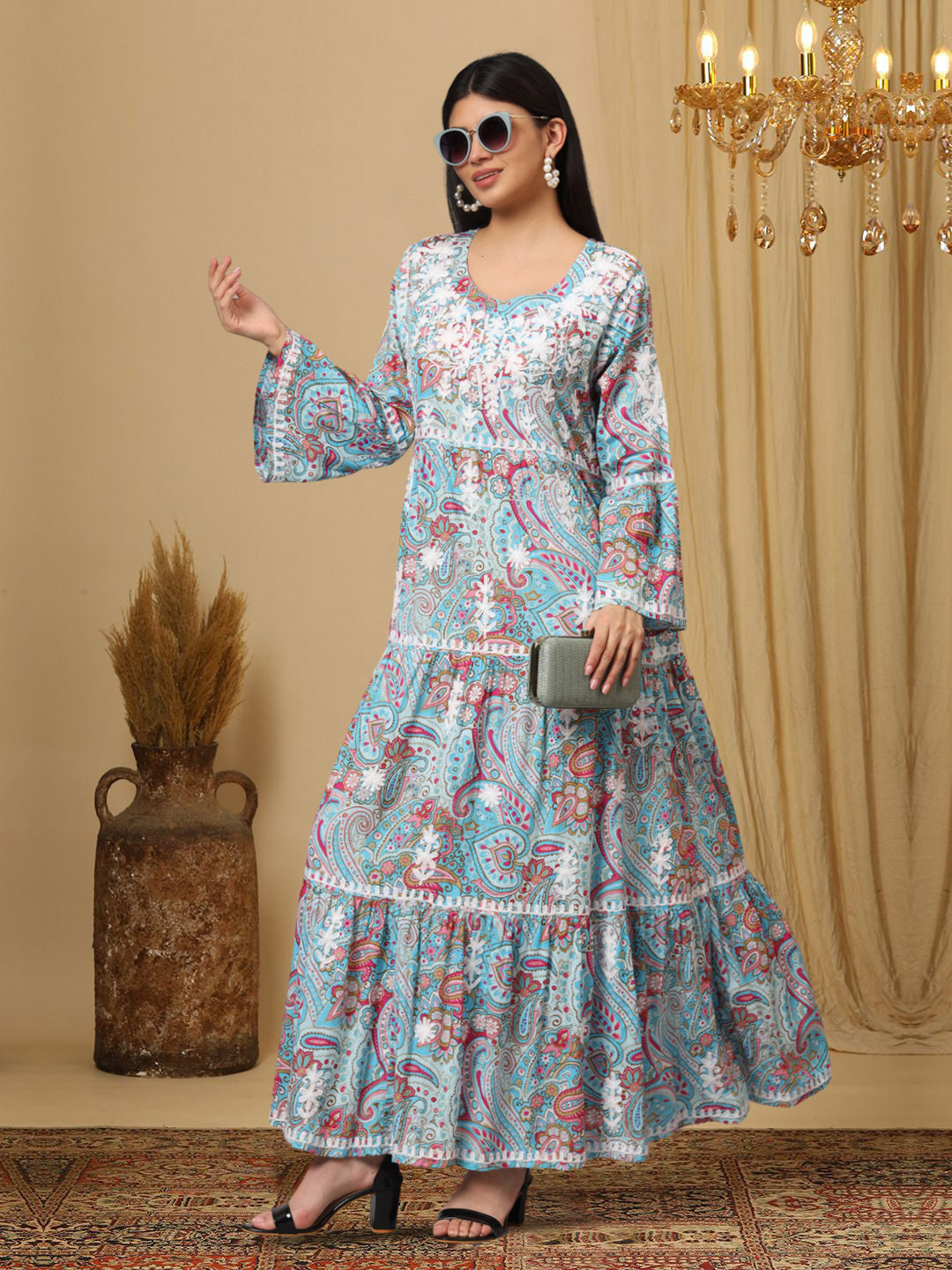 Hand Embroidered Chikankari A-Line Gathering Pattern Mulmul Cotton Jalabiya-AL3673 Grey & Red