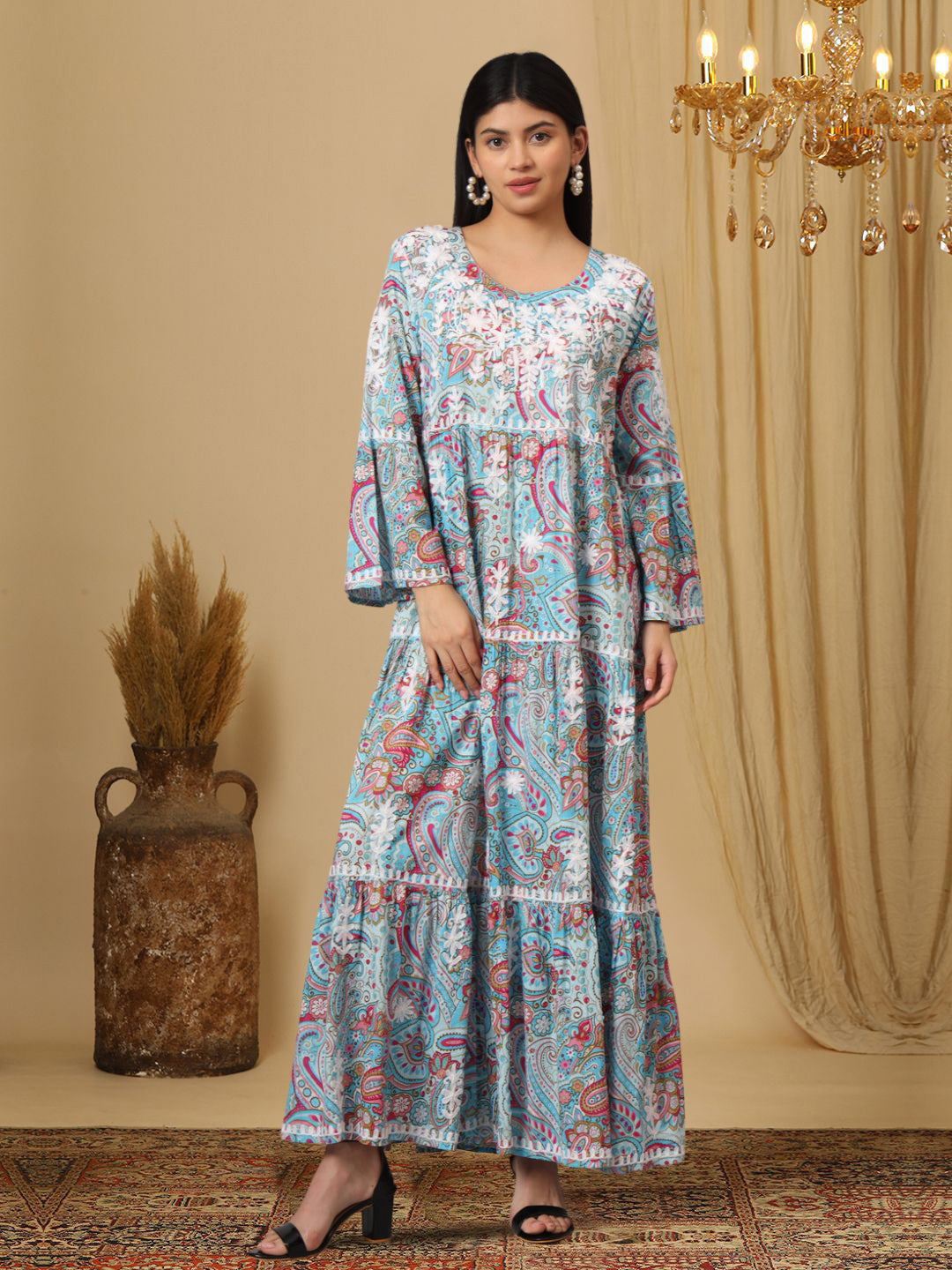 Hand Embroidered Chikankari A-Line Gathering Pattern Mulmul Cotton Jalabiya-AL3673 Grey & Red