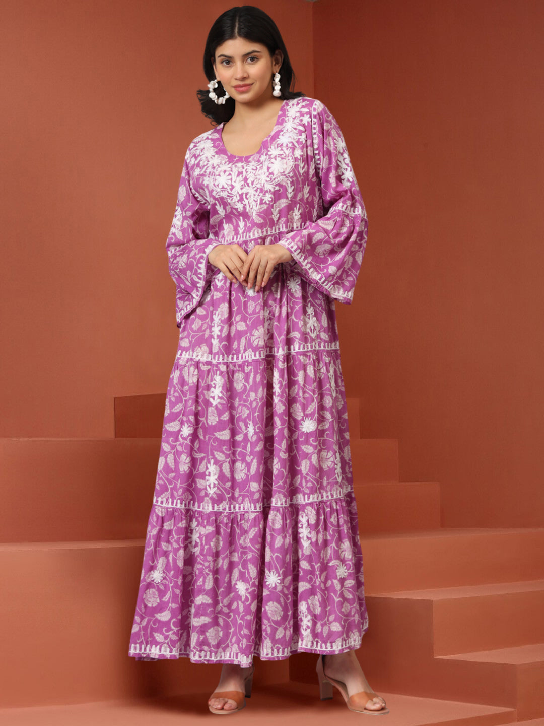 Hand Embroidered Chikankari A-Line Gathering Pattern Mulmul Cotton Jalabiya-AL3673 Mauve & White