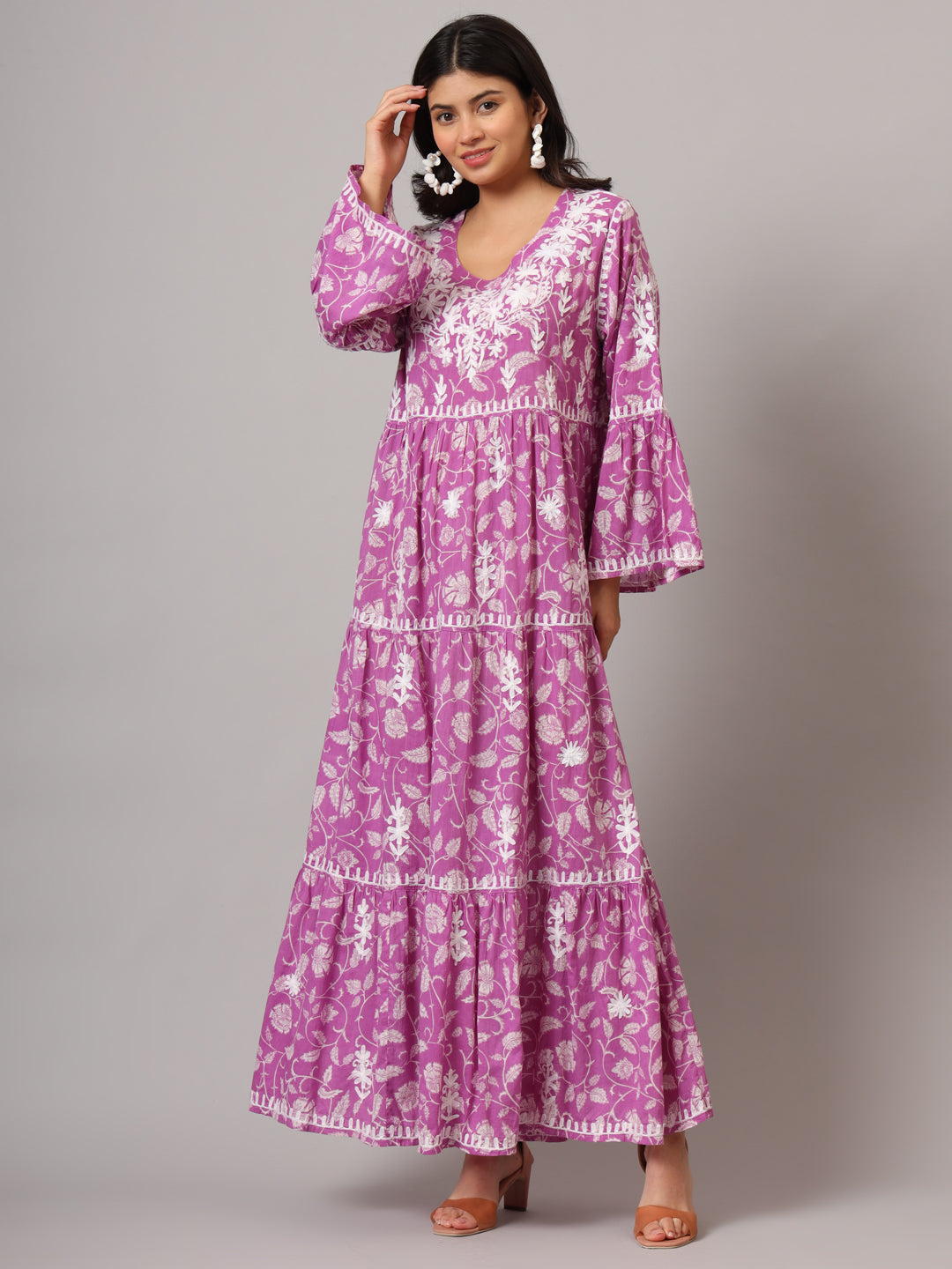Hand Embroidered Chikankari A-Line Gathering Pattern Mulmul Cotton Jalabiya-AL3673 Mauve & White