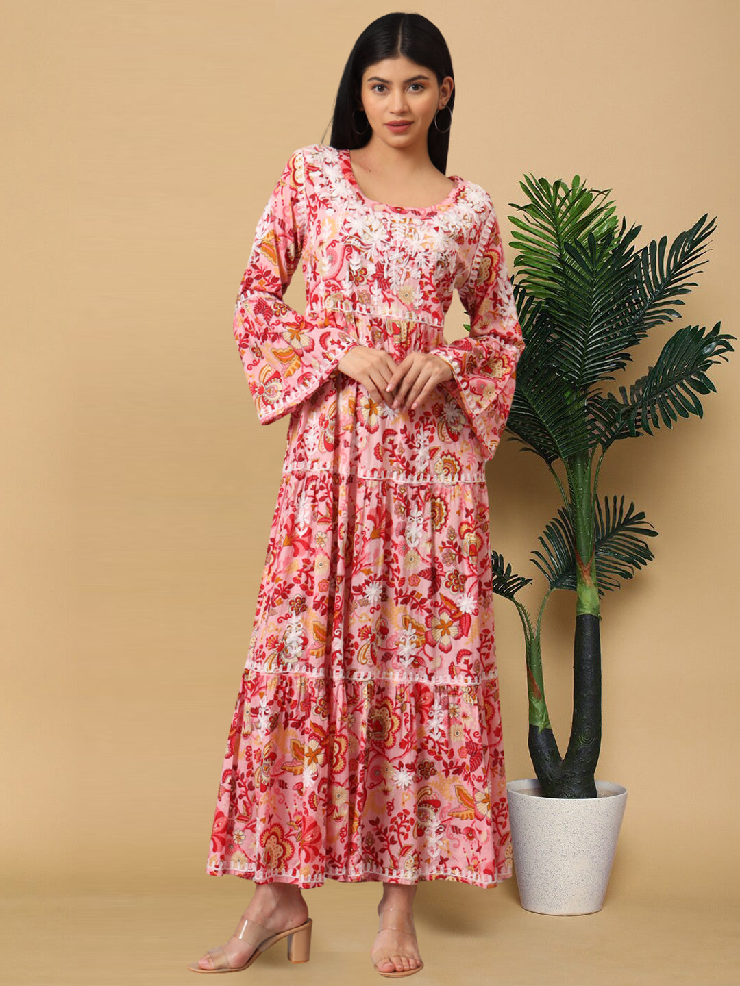 Hand Embroidered Chikankari A-Line Gathering Pattern Mulmul Cotton Jalabiya-AL3673 Peach & Yellow