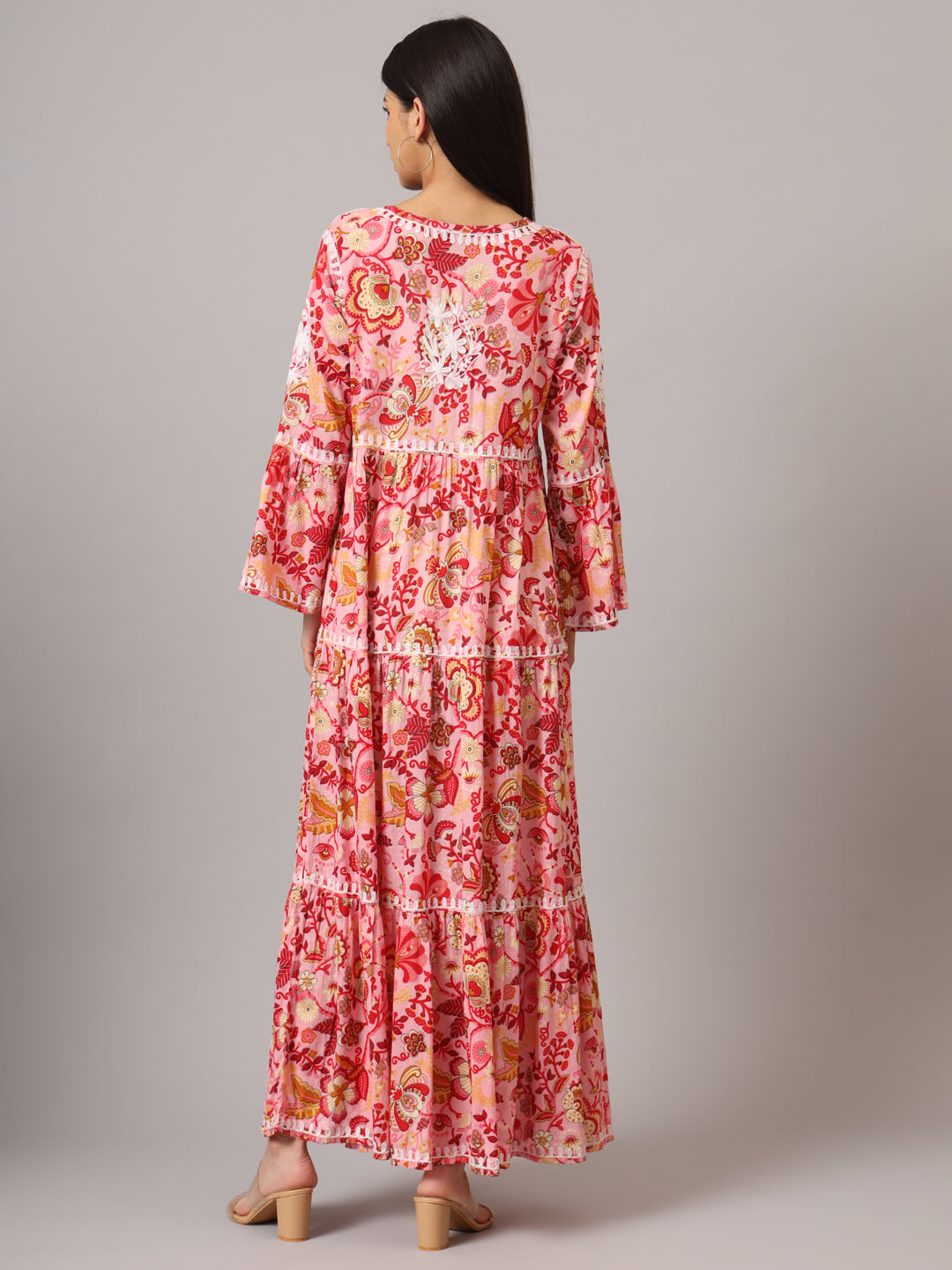 Hand Embroidered Chikankari A-Line Gathering Pattern Mulmul Cotton Jalabiya-AL3673 Peach & Yellow