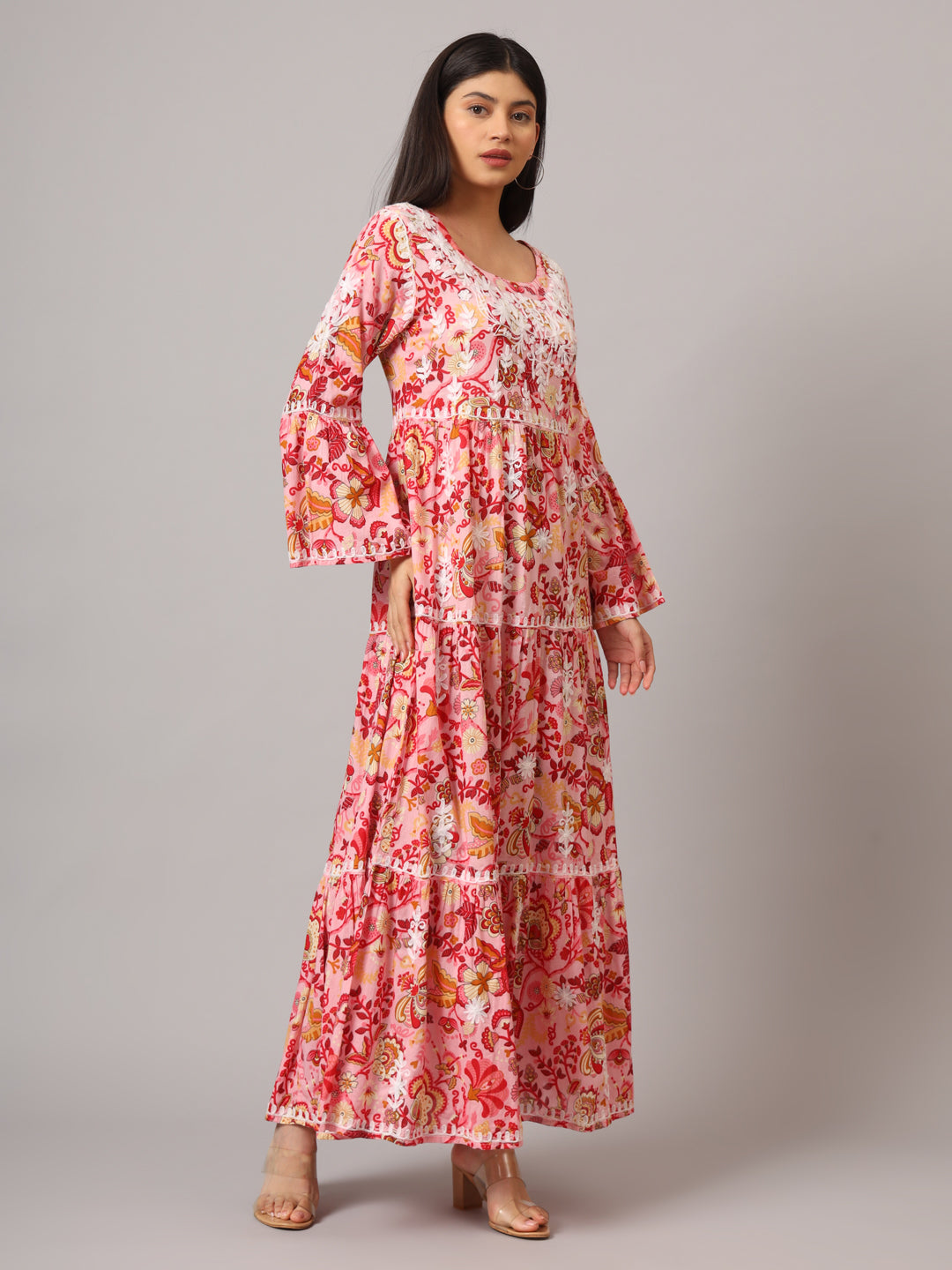 Hand Embroidered Chikankari A-Line Gathering Pattern Mulmul Cotton Jalabiya-AL3673 Peach & Yellow